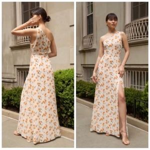 Reformation One-Shoulder Maxi Dress in Cream with Orange Floral Print